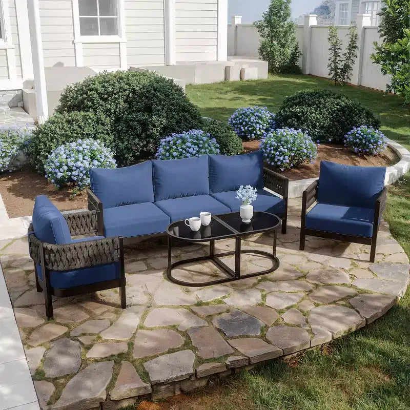ALAULM 5-teilige Garten-Sofagarnitur mit modularem Couchtisch, wasserdichte, abnehmbare 6 Kissen, wetterfester Einsatz, für Rasen, Garten, Hinterhof, Marineblau