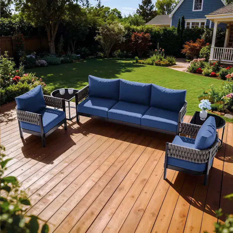 ALAULM 5-teilige Garten-Sofagarnitur mit modularem Couchtisch, wasserdichte, abnehmbare 6 Kissen, wetterfester Einsatz, für Rasen, Garten, Hinterhof, Marineblau