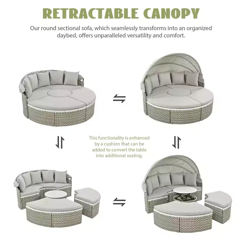 GDFStudio Vera Ecksofa-Set und Rattan-Tagesbett, rund, wandelbar, mit ausziehbarer Überdachung für die Terrasse