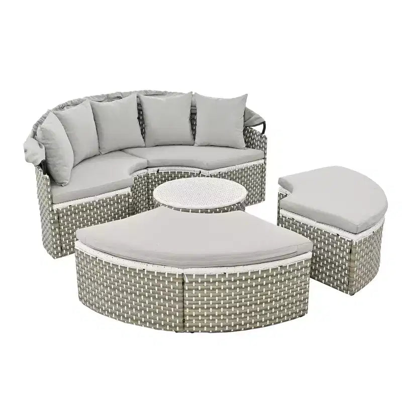 GDFStudio Vera Ecksofa-Set und Rattan-Tagesbett, rund, wandelbar, mit ausziehbarer Überdachung für die Terrasse
