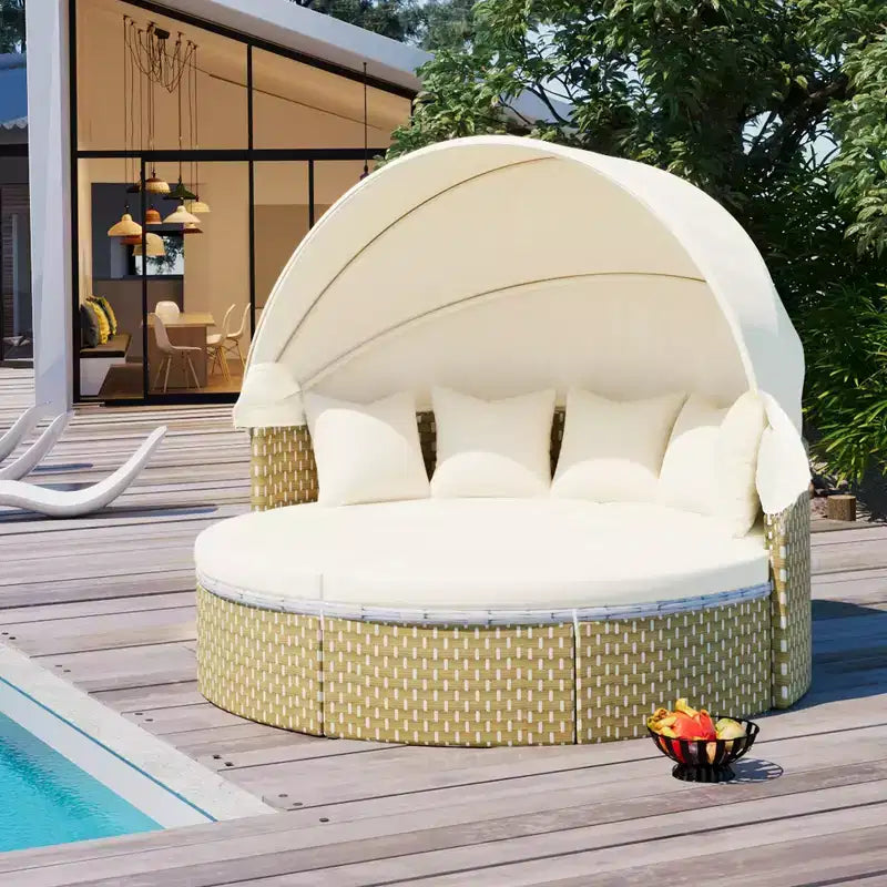 GDFStudio Vera Ecksofa-Set und Rattan-Tagesbett, rund, wandelbar, mit ausziehbarer Überdachung für die Terrasse