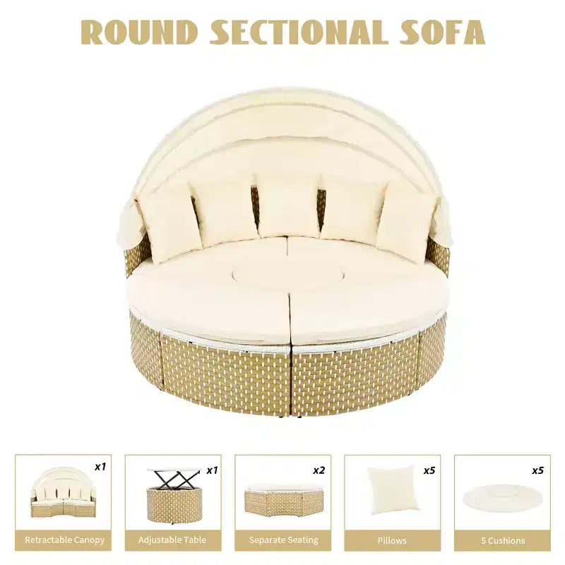GDFStudio Vera Ecksofa-Set und Rattan-Tagesbett, rund, wandelbar, mit ausziehbarer Überdachung für die Terrasse