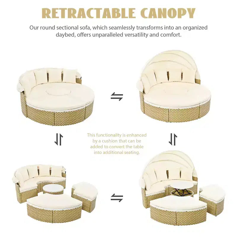 GDFStudio Vera Ecksofa-Set und Rattan-Tagesbett, rund, wandelbar, mit ausziehbarer Überdachung für die Terrasse