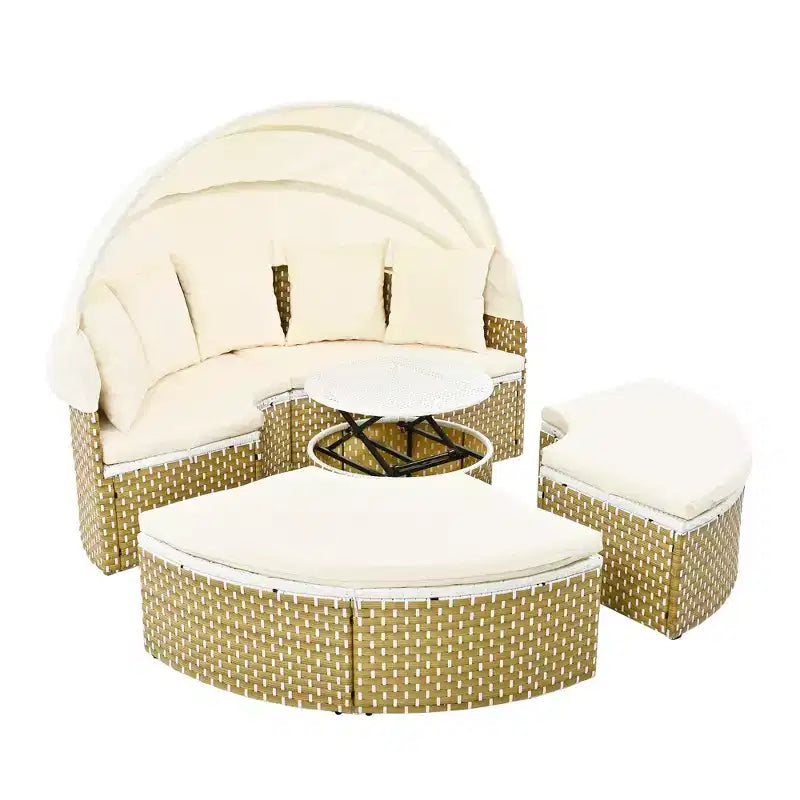 GDFStudio Vera Ecksofa-Set und Rattan-Tagesbett, rund, wandelbar, mit ausziehbarer Überdachung für die Terrasse