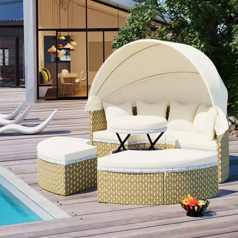 GDFStudio Vera Patio Round Convertible Sectional Sofa Set & Rattan Daybed with Retractable Canopy