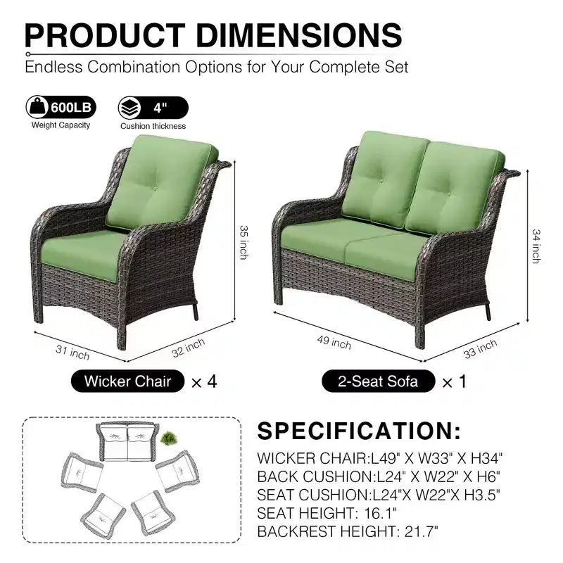 UPTIOT Outdoor Rattansofa mit 2 Sitzen und 4 Stühlen inklusive wetterfester Polster
