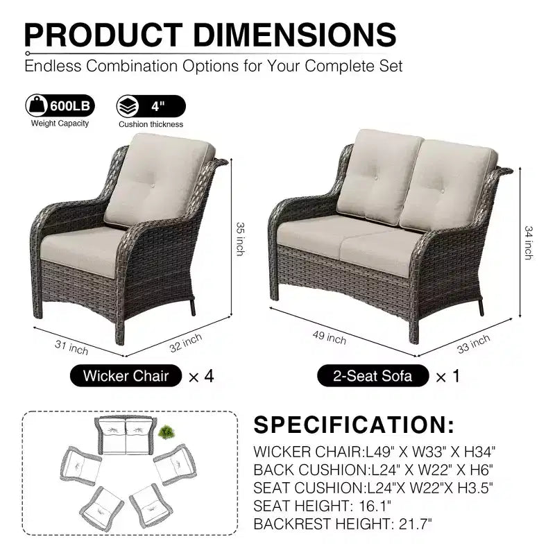 UPTIOT Outdoor Rattansofa mit 2 Sitzen und 4 Stühlen inklusive wetterfester Polster
