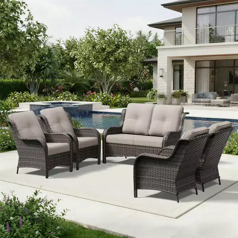 UPTIOT Outdoor Wicker 2-Seat Sofa & 4 Chairs Set with All-Weather Cushions