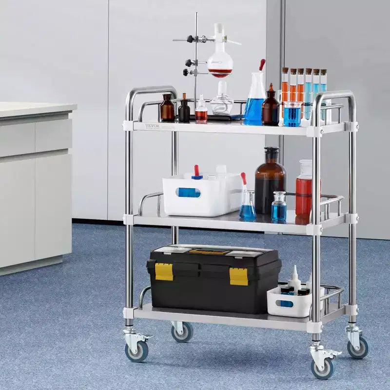 Edelstahl-Rollwagen mit 3 Ablagen, Schutzgittern und Lenkrollen, 100 kg Tragkraft, für Labor, Zahnarztpraxis, Medizin, 66x40x86 cm