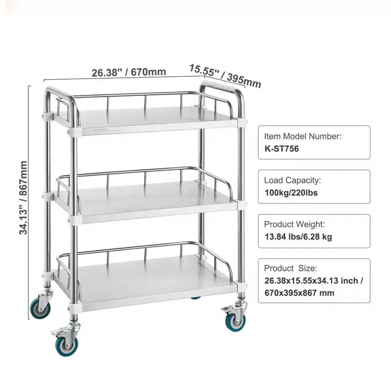 Edelstahl-Rollwagen mit 3 Ablagen, Schutzgittern und Lenkrollen, 100 kg Tragkraft, für Labor, Zahnarztpraxis, Medizin, 66x40x86 cm