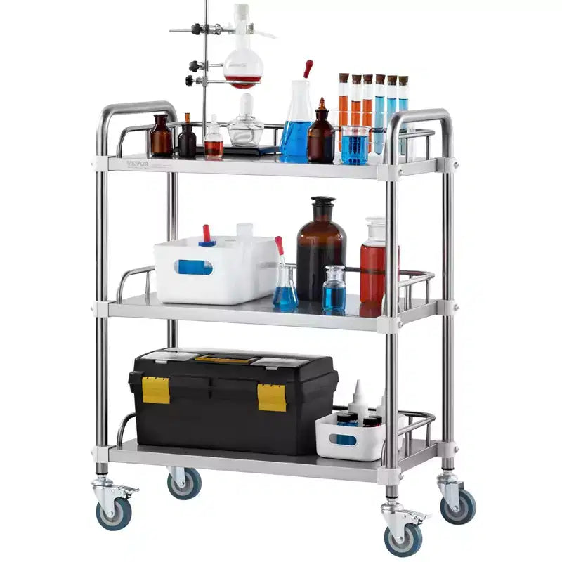 Edelstahl-Rollwagen mit 3 Ablagen, Schutzgittern und Lenkrollen, 100 kg Tragkraft, für Labor, Zahnarztpraxis, Medizin, 66x40x86 cm