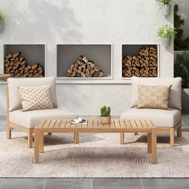 Christopher Knight Home Phanupong Modern 3 Piece Acacia Wood Patio Seating Set with Rope Woven and Slatted Design