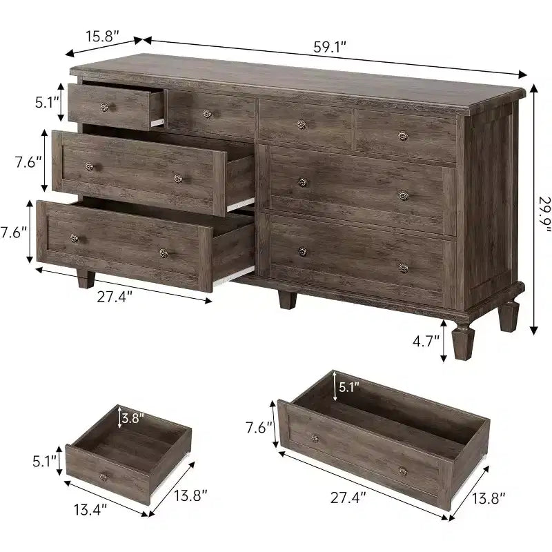 8-Schubladen-Kommode für Schlafzimmer, Vintage 59 TV-Kommode mit geschnitzten Griffen und spitz zulaufenden Beinen, Holzschubladen mit großer Kapazität