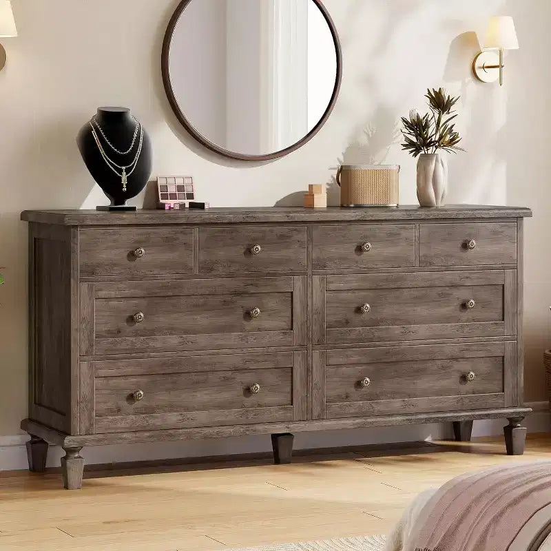 8-Schubladen-Kommode für Schlafzimmer, Vintage 59 TV-Kommode mit geschnitzten Griffen und spitz zulaufenden Beinen, Holzschubladen mit großer Kapazität