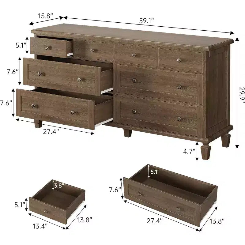 8-Schubladen-Kommode für Schlafzimmer, Vintage 59 TV-Kommode mit geschnitzten Griffen und spitz zulaufenden Beinen, Holzschubladen mit großer Kapazität