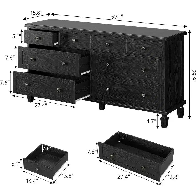 8-Schubladen-Kommode für Schlafzimmer, Vintage 59 TV-Kommode mit geschnitzten Griffen und spitz zulaufenden Beinen, Holzschubladen mit großer Kapazität