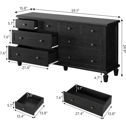8-Schubladen-Kommode für Schlafzimmer, Vintage 59 TV-Kommode mit geschnitzten Griffen und spitz zulaufenden Beinen, Holzschubladen mit großer Kapazität