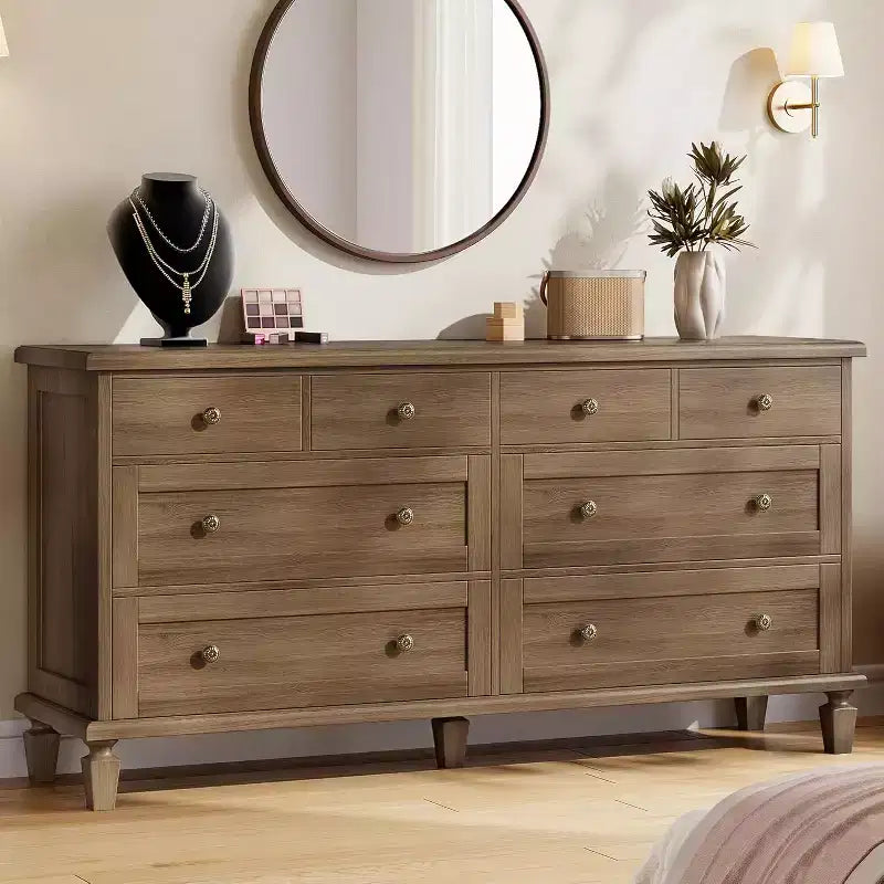 8-Schubladen-Kommode für Schlafzimmer, Vintage 59 TV-Kommode mit geschnitzten Griffen und spitz zulaufenden Beinen, Holzschubladen mit großer Kapazität