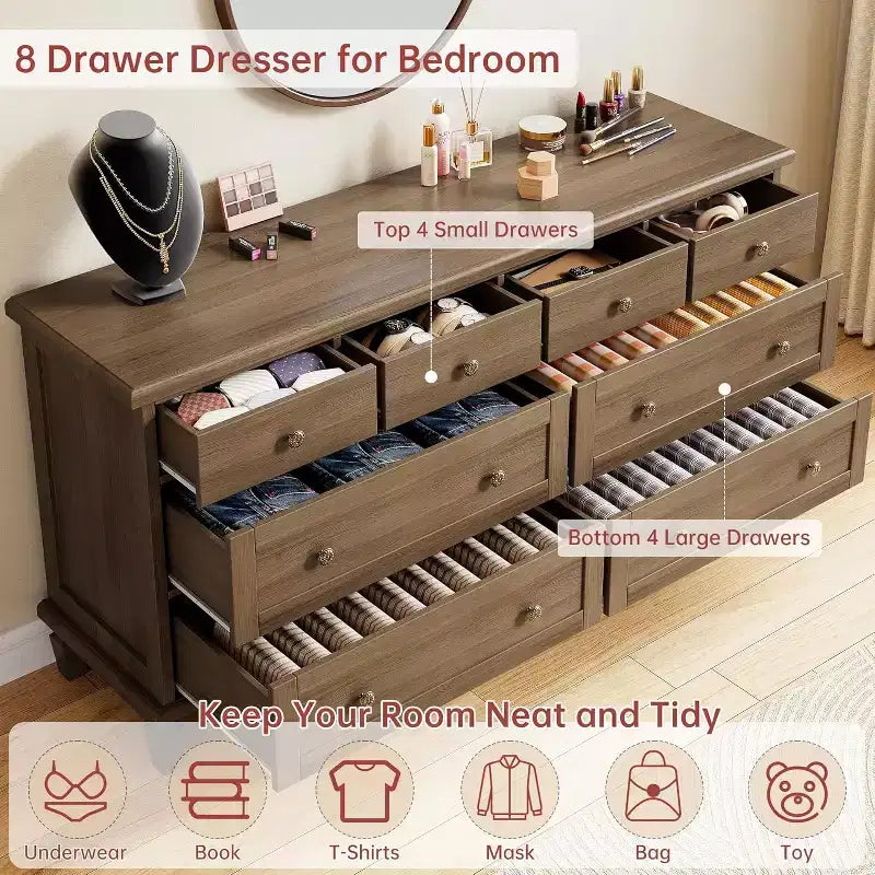 8-Schubladen-Kommode für Schlafzimmer, Vintage 59 TV-Kommode mit geschnitzten Griffen und spitz zulaufenden Beinen, Holzschubladen mit großer Kapazität