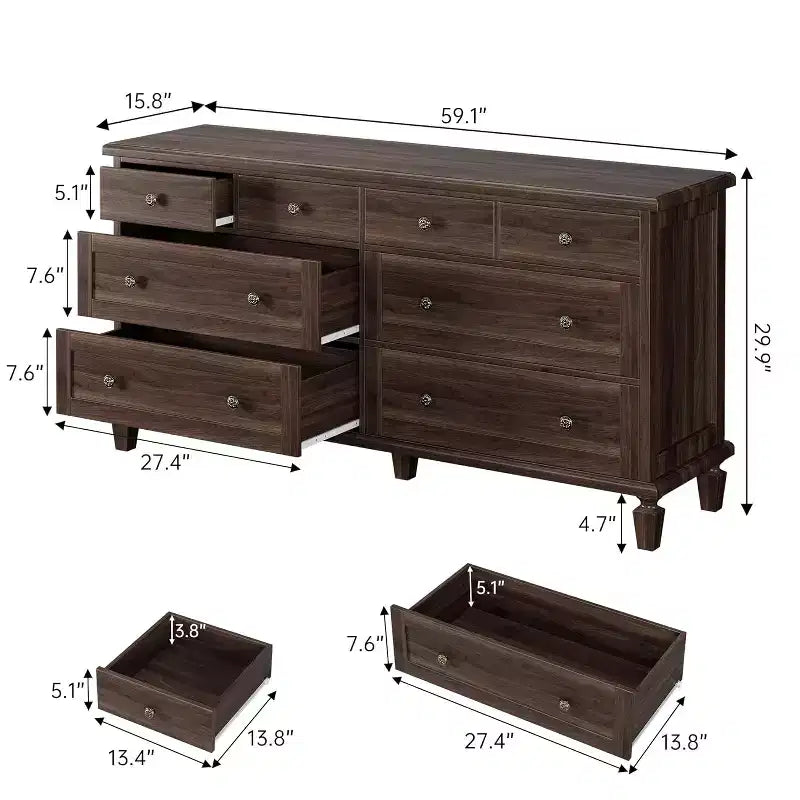 8-Schubladen-Kommode für Schlafzimmer, Vintage 59 TV-Kommode mit geschnitzten Griffen und spitz zulaufenden Beinen, Holzschubladen mit großer Kapazität