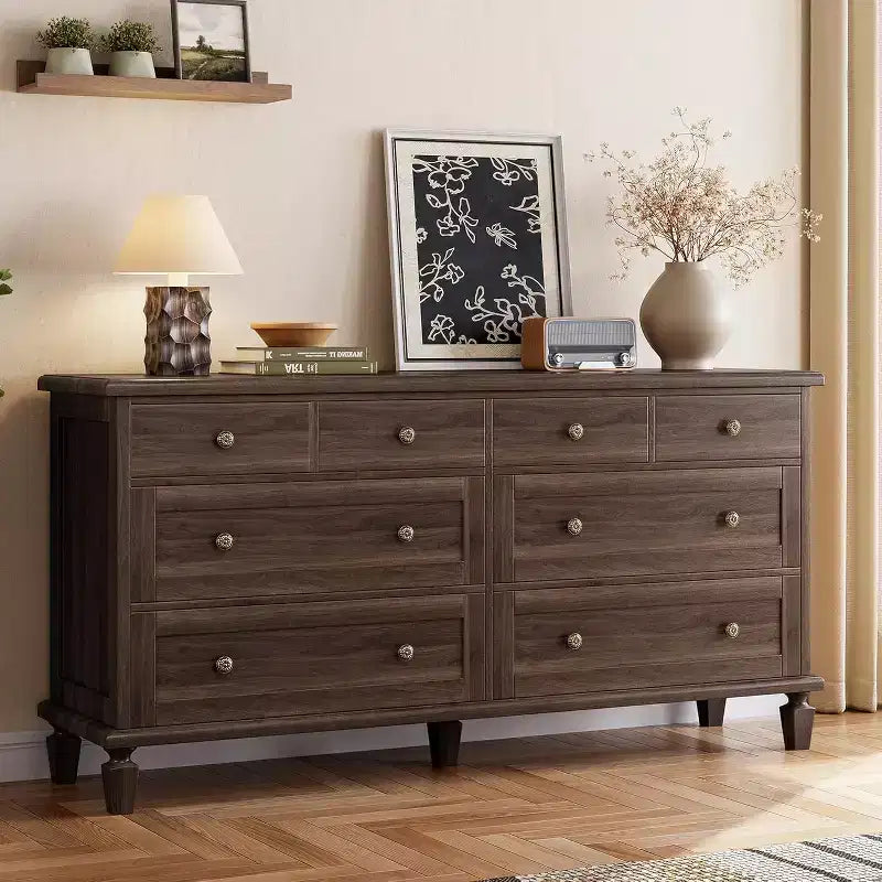 8-Schubladen-Kommode für Schlafzimmer, Vintage 59 TV-Kommode mit geschnitzten Griffen und spitz zulaufenden Beinen, Holzschubladen mit großer Kapazität