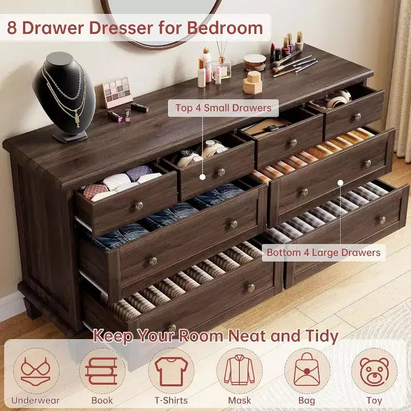 8-Schubladen-Kommode für Schlafzimmer, Vintage 59 TV-Kommode mit geschnitzten Griffen und spitz zulaufenden Beinen, Holzschubladen mit großer Kapazität