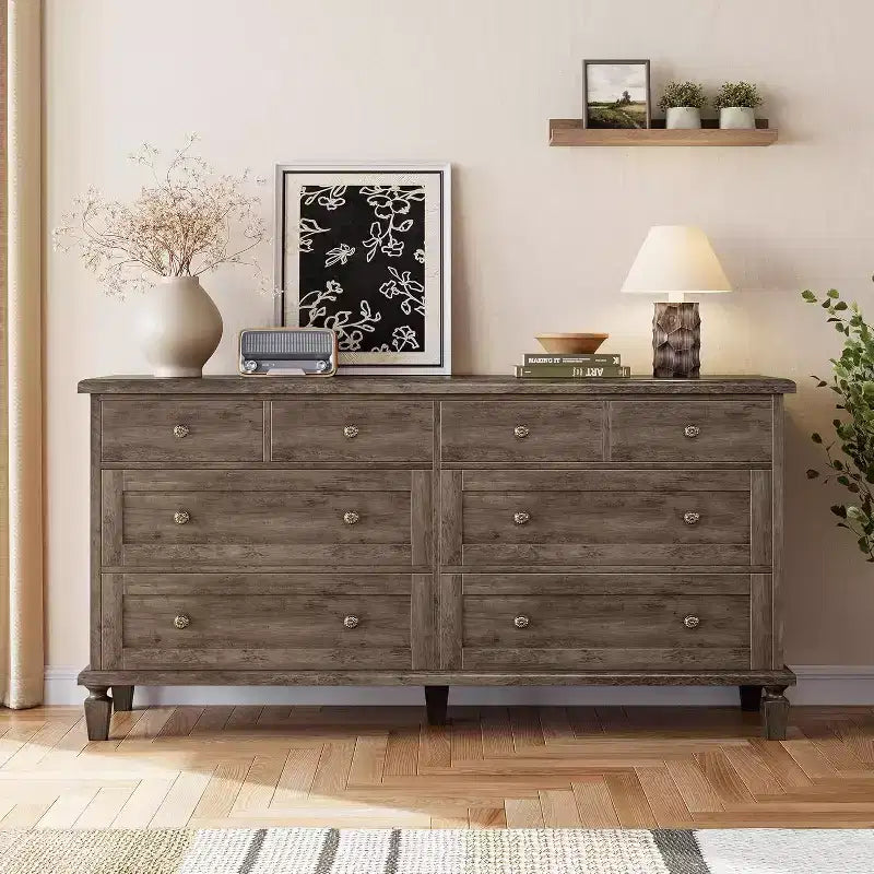 8-Schubladen-Kommode für Schlafzimmer, Vintage 59 TV-Kommode mit geschnitzten Griffen und spitz zulaufenden Beinen, Holzschubladen mit großer Kapazität