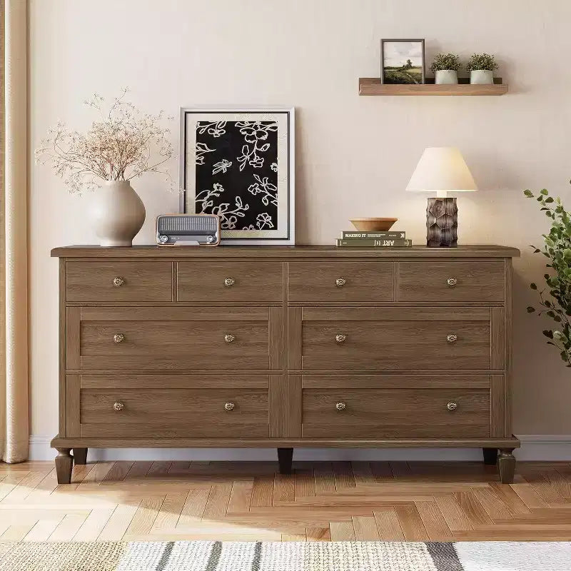 8-Schubladen-Kommode für Schlafzimmer, Vintage 59 TV-Kommode mit geschnitzten Griffen und spitz zulaufenden Beinen, Holzschubladen mit großer Kapazität
