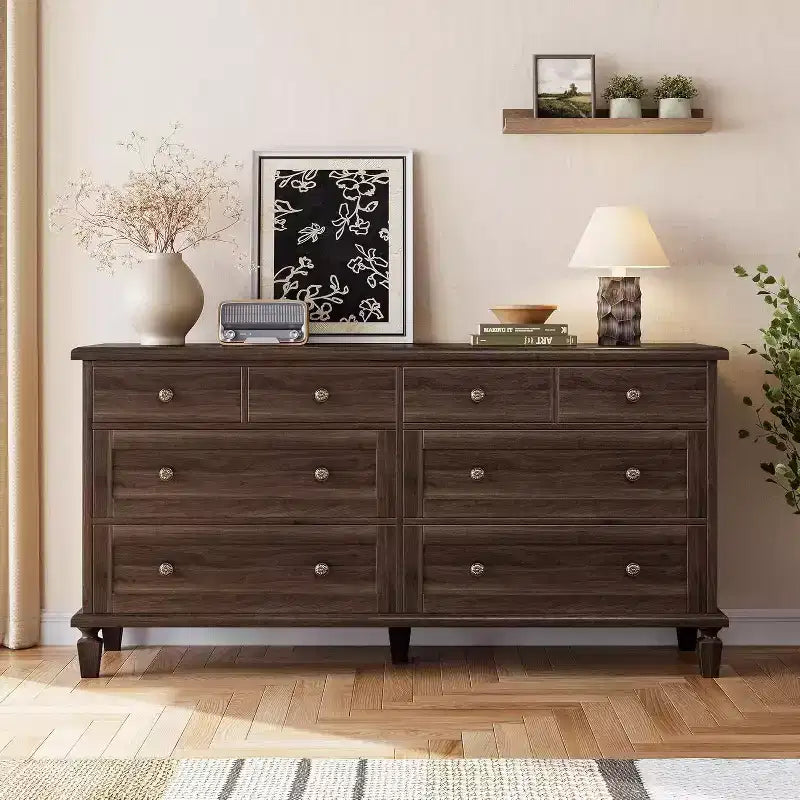 8-Schubladen-Kommode für Schlafzimmer, Vintage 59 TV-Kommode mit geschnitzten Griffen und spitz zulaufenden Beinen, Holzschubladen mit großer Kapazität