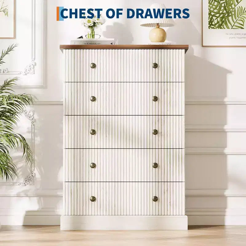 5-Schubladen-Kommode fürs Schlafzimmer, aufrechter Holzschrank, mit Metallgriffen, geeignet für Wohnungen, Schlafzimmer, Wohnzimmer und Esszimmer