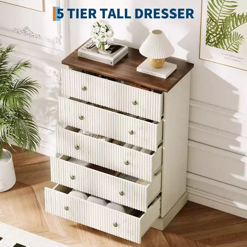 5-Schubladen-Kommode fürs Schlafzimmer, aufrechter Holzschrank, mit Metallgriffen, geeignet für Wohnungen, Schlafzimmer, Wohnzimmer und Esszimmer