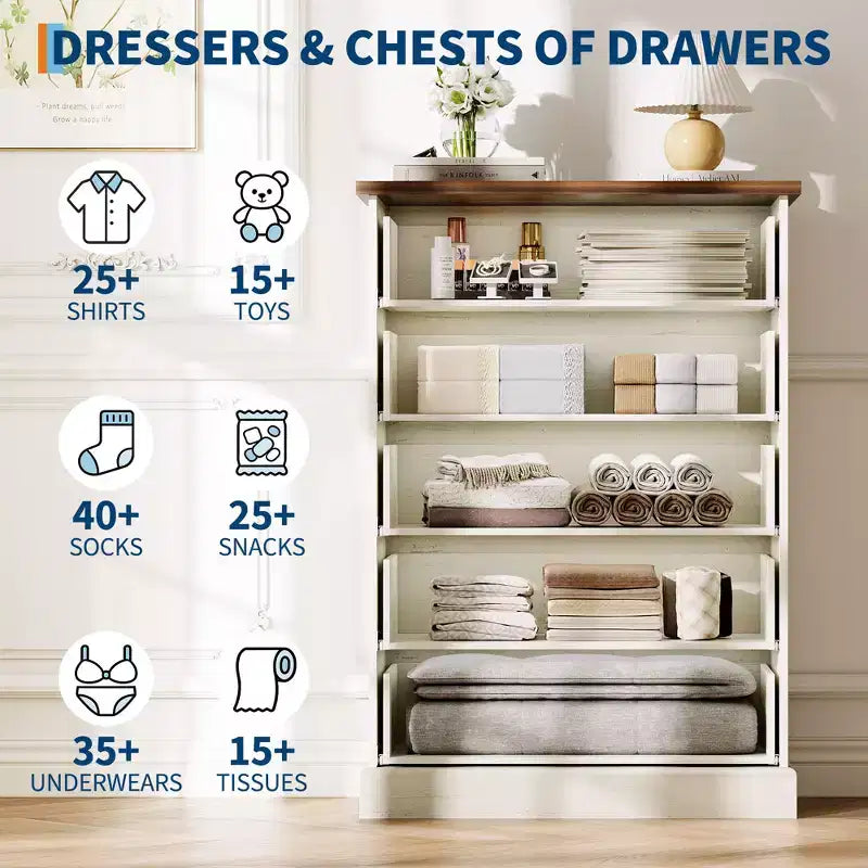 5-Schubladen-Kommode fürs Schlafzimmer, aufrechter Holzschrank, mit Metallgriffen, geeignet für Wohnungen, Schlafzimmer, Wohnzimmer und Esszimmer