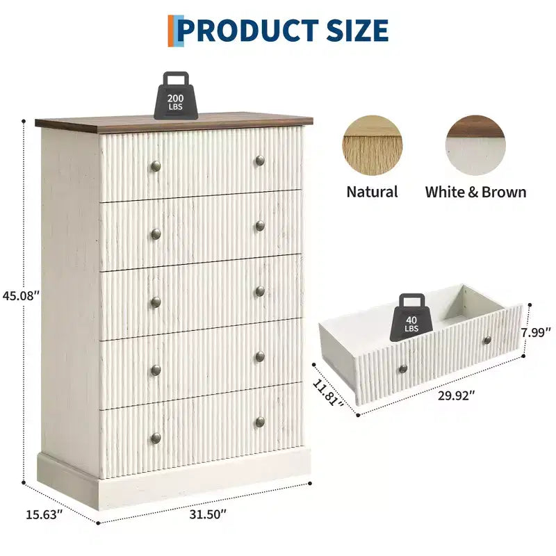 5-Schubladen-Kommode fürs Schlafzimmer, aufrechter Holzschrank, mit Metallgriffen, geeignet für Wohnungen, Schlafzimmer, Wohnzimmer und Esszimmer
