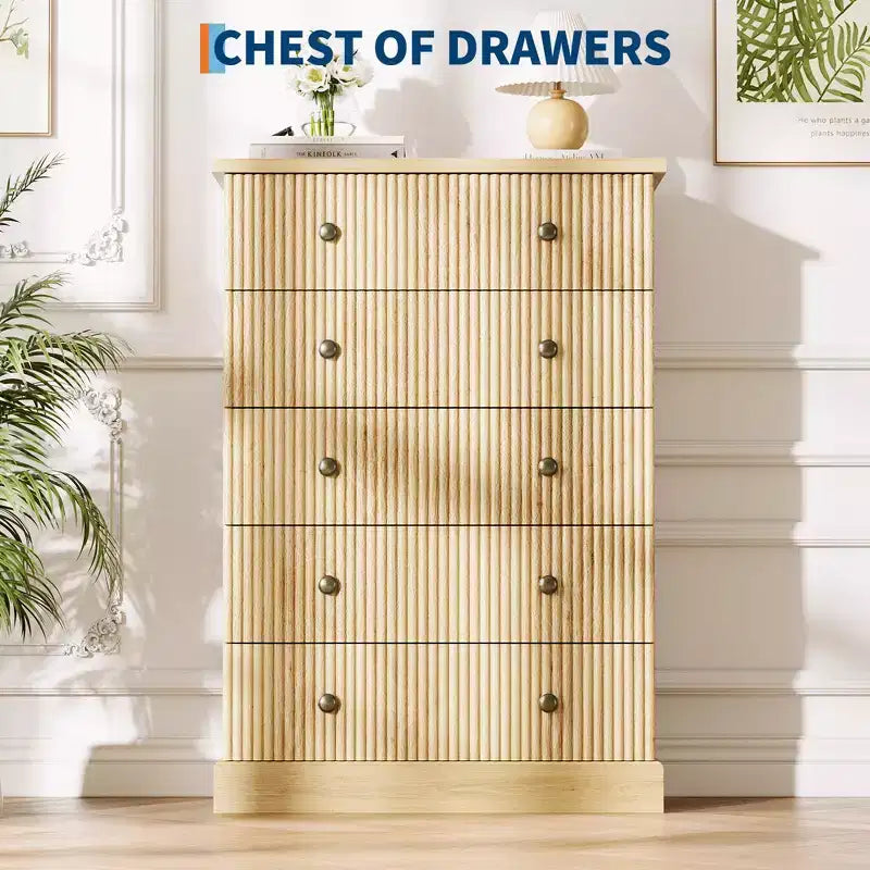 5-Schubladen-Kommode fürs Schlafzimmer, aufrechter Holzschrank, mit Metallgriffen, geeignet für Wohnungen, Schlafzimmer, Wohnzimmer und Esszimmer