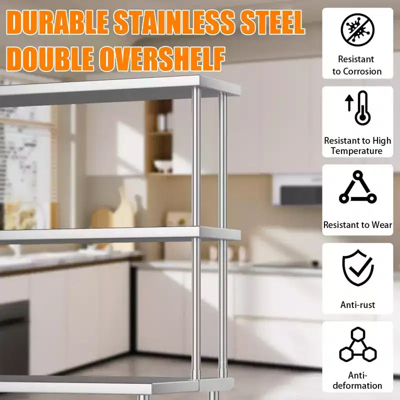Edelstahl 2-stöckiges Labor-Regal 60B x 12T x 39H, verstellbare Hochleistungsböden (360 lb + 220 lb Tragfähigkeit) für Werkbank