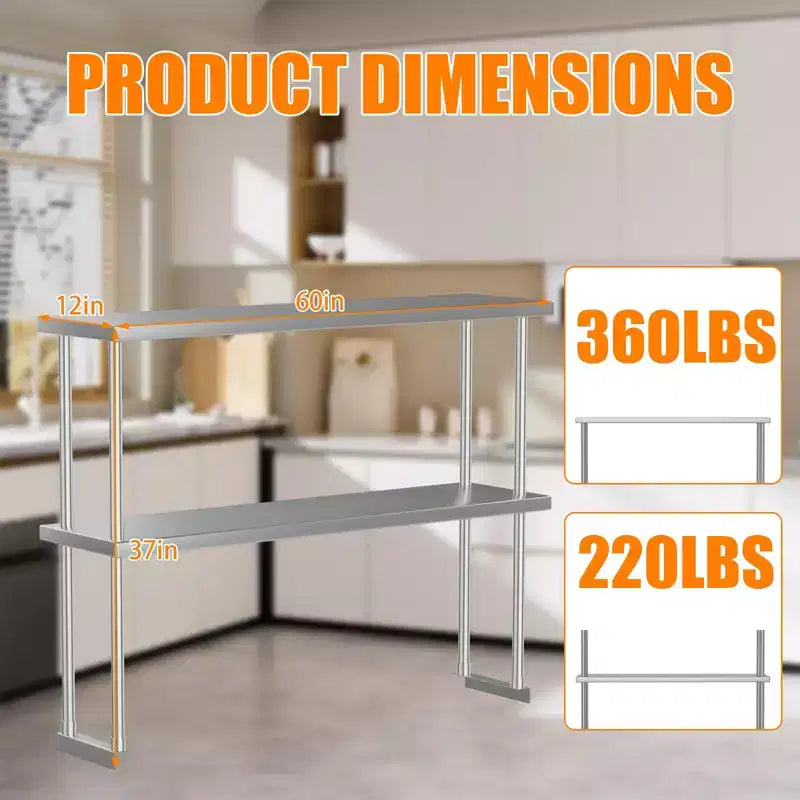 Edelstahl 2-stöckiges Labor-Regal 60B x 12T x 39H, verstellbare Hochleistungsböden (360 lb + 220 lb Tragfähigkeit) für Werkbank