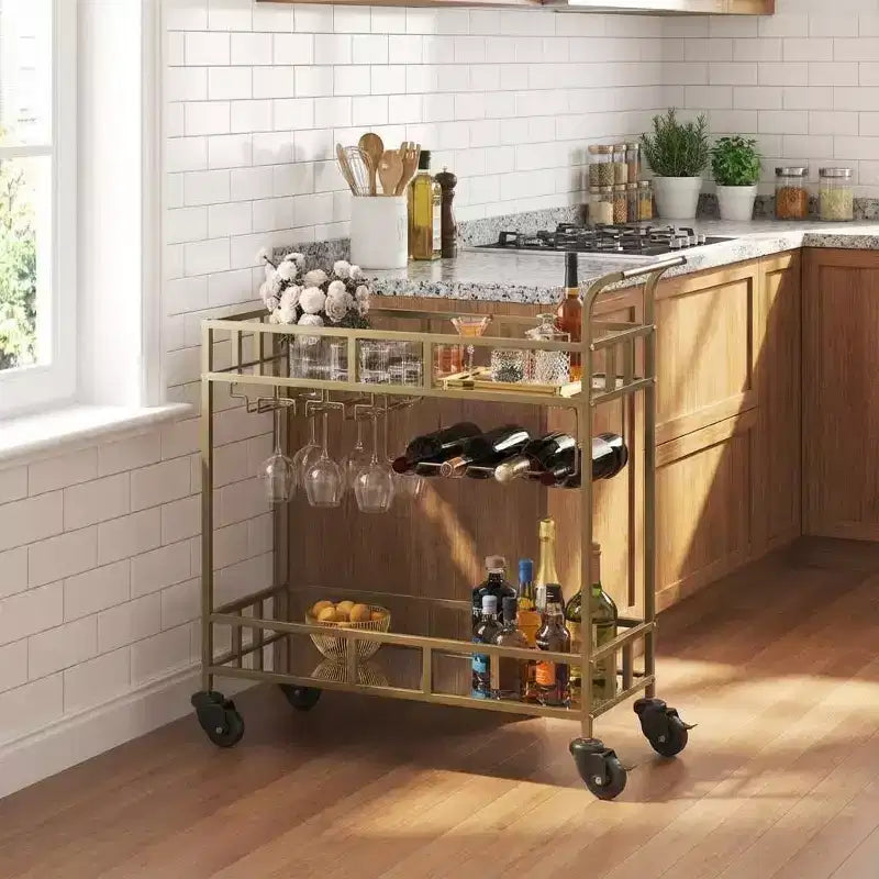 COZONY 2-stöckiger Barwagen mit Weinregal und Glashalterung, verspiegelter mobiler Servierwagen mit Rollen für Küche und Wohnzimmer