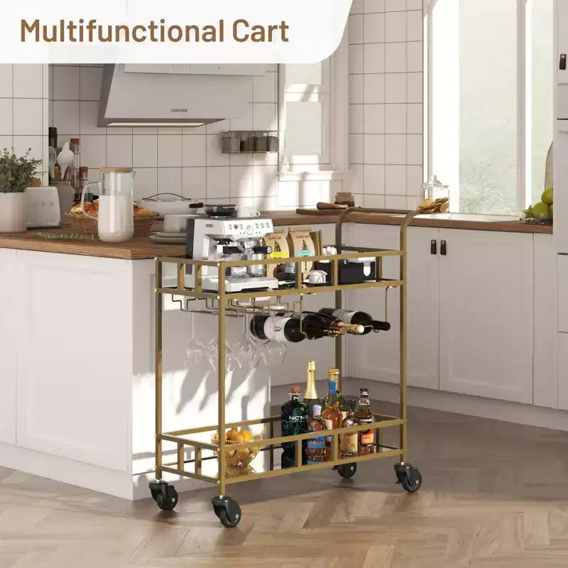 COZONY 2-stöckiger Barwagen mit Weinregal und Glashalterung, verspiegelter mobiler Servierwagen mit Rollen für Küche und Wohnzimmer