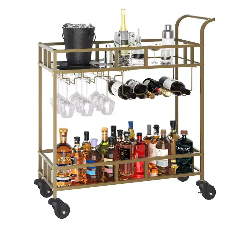 COZONY 2-stöckiger Barwagen mit Weinregal und Glashalterung, verspiegelter mobiler Servierwagen mit Rollen für Küche und Wohnzimmer