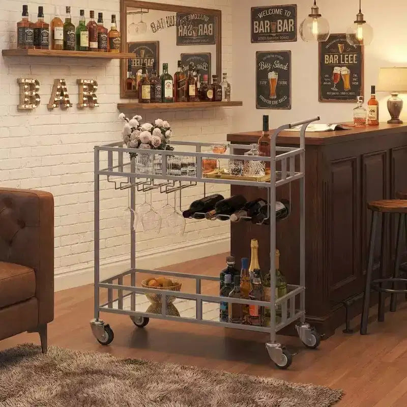 COZONY 2-stöckiger Barwagen mit Weinregal und Glashalterung, verspiegelter mobiler Servierwagen mit Rollen für Küche und Wohnzimmer
