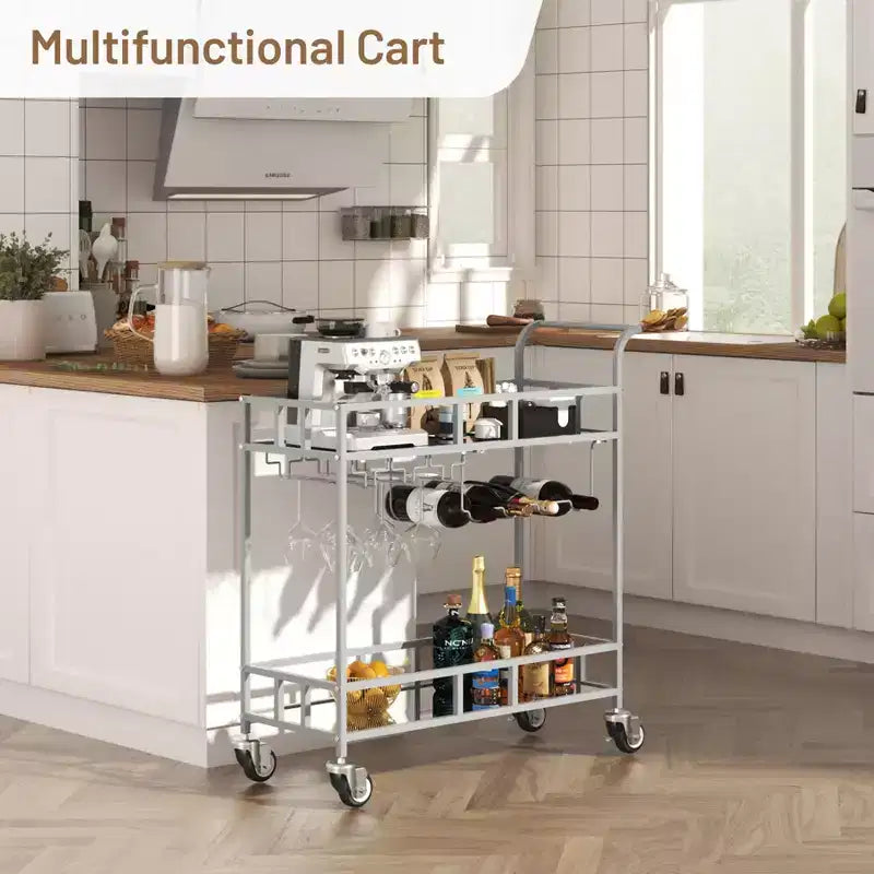 COZONY 2-stöckiger Barwagen mit Weinregal und Glashalterung, verspiegelter mobiler Servierwagen mit Rollen für Küche und Wohnzimmer