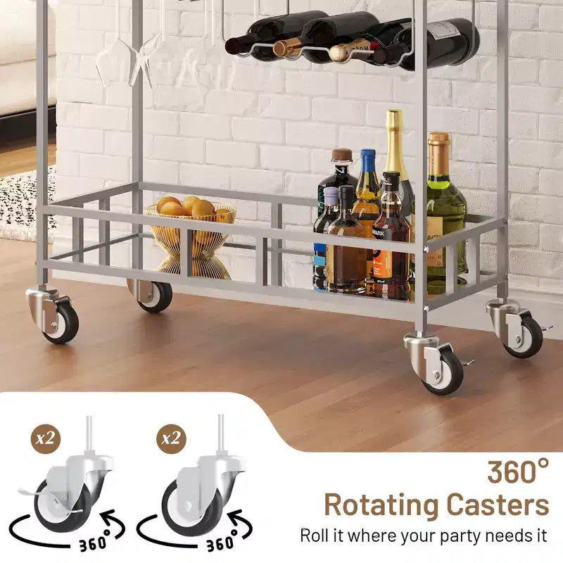 COZONY 2-stöckiger Barwagen mit Weinregal und Glashalterung, verspiegelter mobiler Servierwagen mit Rollen für Küche und Wohnzimmer