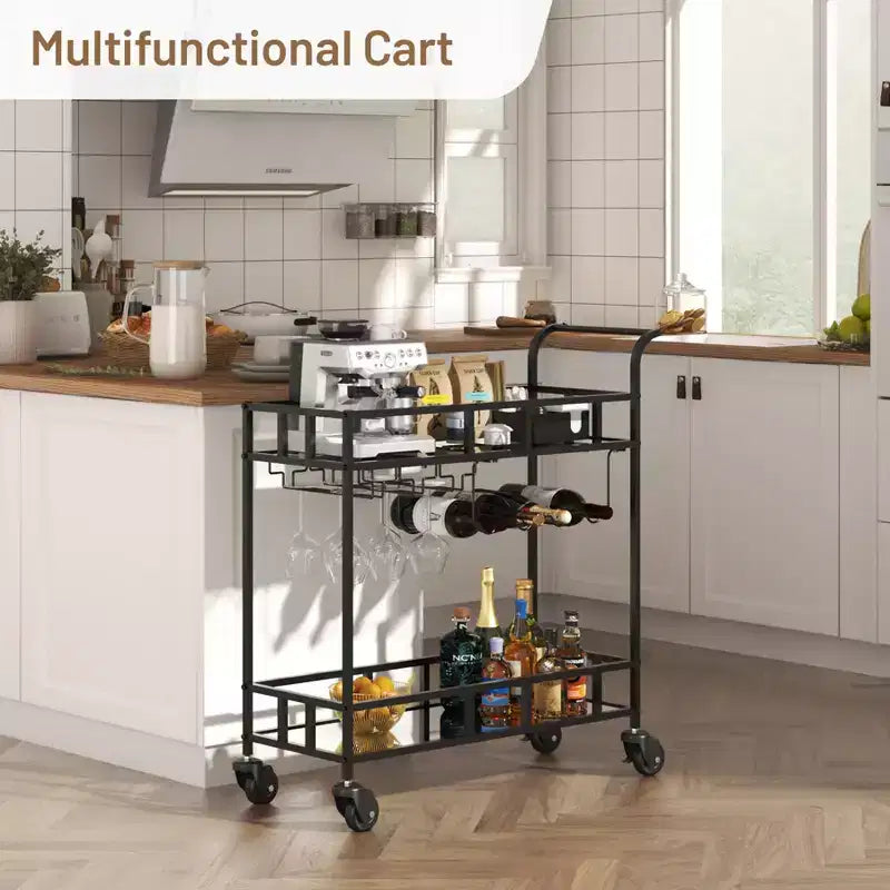 COZONY 2-stöckiger Barwagen mit Weinregal und Glashalterung, verspiegelter mobiler Servierwagen mit Rollen für Küche und Wohnzimmer