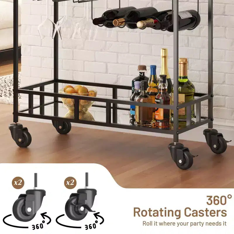 COZONY 2-stöckiger Barwagen mit Weinregal und Glashalterung, verspiegelter mobiler Servierwagen mit Rollen für Küche und Wohnzimmer