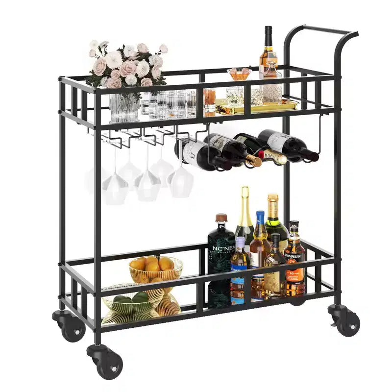 COZONY 2-stöckiger Barwagen mit Weinregal und Glashalterung, verspiegelter mobiler Servierwagen mit Rollen für Küche und Wohnzimmer