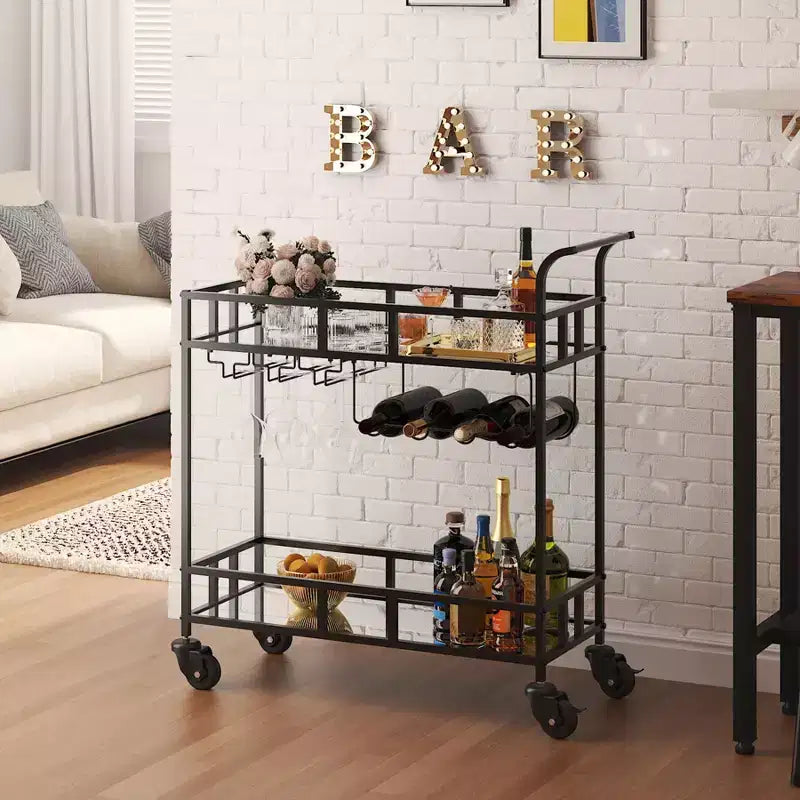 COZONY 2 Tier Bar Cart with Wine Rack and Glass Holder, Mirrored Mobile Serving Cart with Wheels for Kitchen Living Room