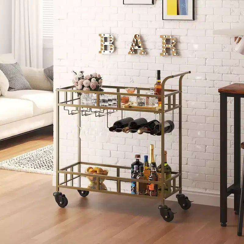 COZONY 2-stöckiger Barwagen mit Weinregal und Glashalterung, verspiegelter mobiler Servierwagen mit Rollen für Küche und Wohnzimmer
