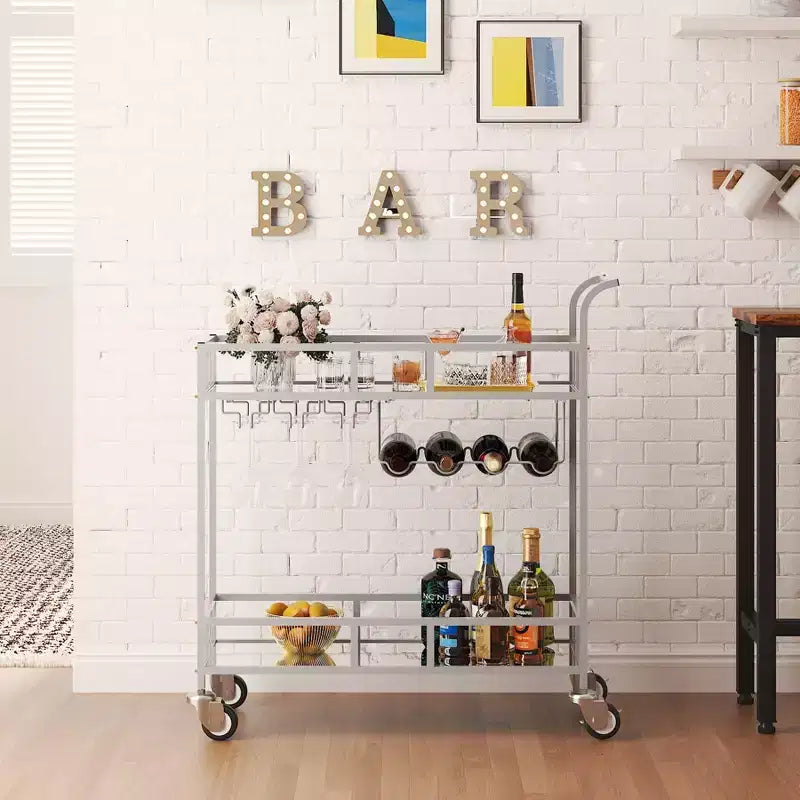 COZONY 2-stöckiger Barwagen mit Weinregal und Glashalterung, verspiegelter mobiler Servierwagen mit Rollen für Küche und Wohnzimmer