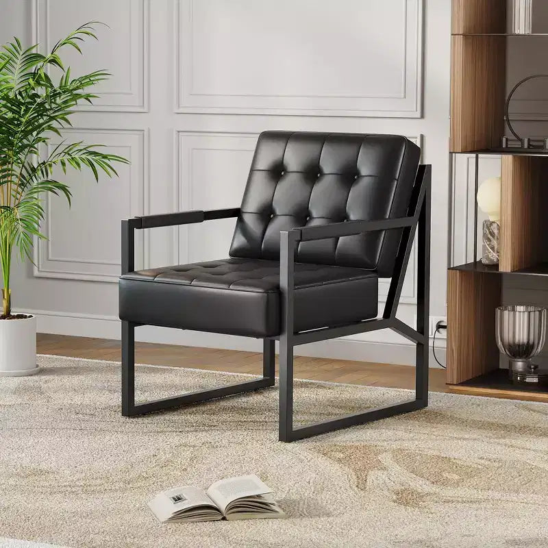 Mid Century Accent Chair - Faux Leather Armchair with Metal Legs for Living Room Bedroom Office Reception - Black