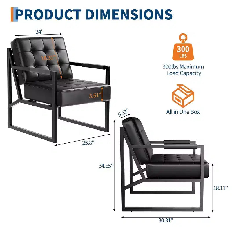 Mid-Century Akzentsessel – Kunstleder-Loungesessel mit Metallbeinen für Wohnzimmer, Schlafzimmer, Büro, Empfangsbereich – Schwarz